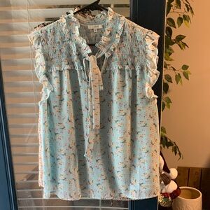 Pleione Light Blue Floral Ruffle Tie-Neck Blouse